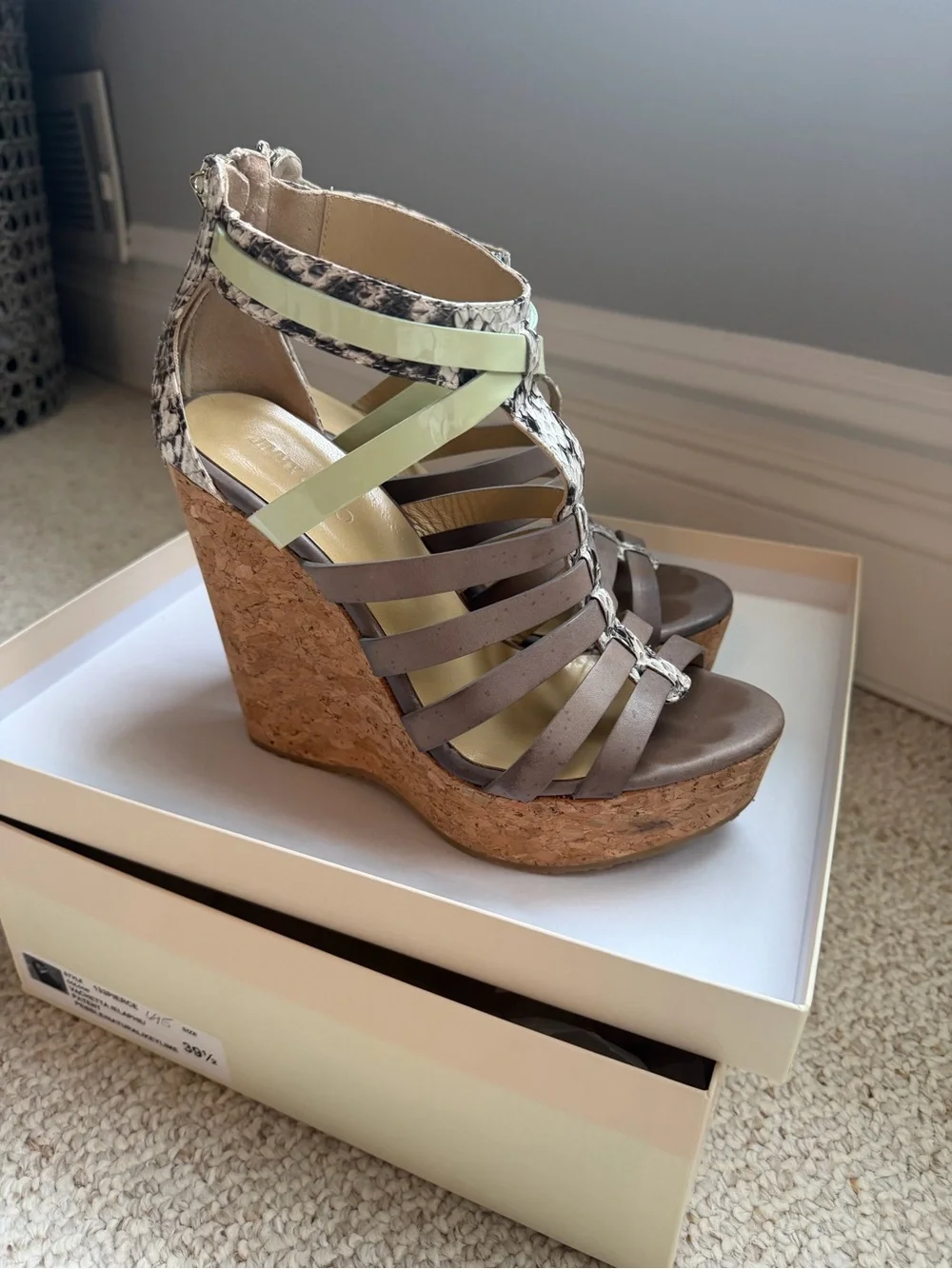 Jimmy Choo Pale Green and Gray Snake-Trim Cork Wedge Sandals